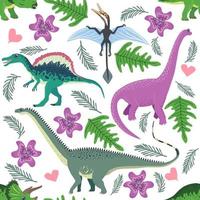tekening dinosaurus patroon. naadloos textiel draak afdrukken, modieus kinderachtig kleding stof achtergrond, tekenfilm dinosaurussen. vector