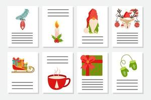 reeks van Kerstmis groet of uitnodiging. ansichtkaarten met nieuw jaren symbolen, Kerstmis boom, sneeuwvlokken, geschenken, snoep riet vector