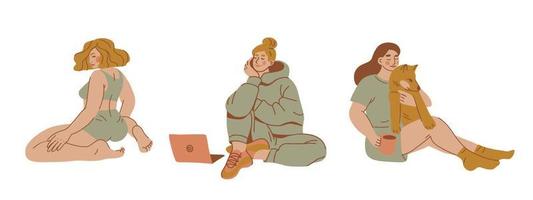 reeks van vrouw tekens comfortabel Bij huis. hygge Dames in comfortabel kleren hand- getrokken vector illustratie