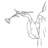 lijn kunst minimaal van vrouw hand- Holding biologisch bloem in hand- getrokken concept voor decoratie, tekening hedendaags stijl vector
