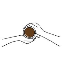 lijn kunst minimaal van een paar handen Holding koffie in hand- getrokken concept voor decoratie, tekening stijl vector