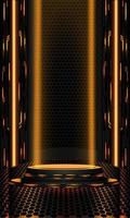 realistisch abstract 3d vector kamer metaal staan podium toonzaal cyber futuristische technologie oranje licht muur tafereel stadium Product Scherm