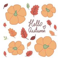 Hallo herfst pompoen en vallend bladeren vector set. vlak vector pompoenen top visie en herfst bladeren set.