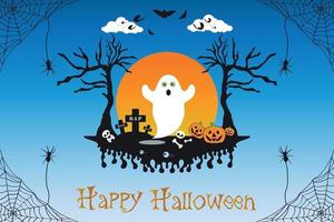 halloween schattig geest karakter pompoenen schedel knuppel spookachtig bomen met vol maanlicht schaduw illustratie vector