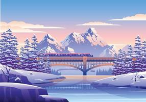 besneeuwd winter landschap illustratie met trein, brug, pijnboom bomen, en bergen vector