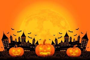 halloween achtergrond sjabloon met kasteel, pompoen en maan vector, halloween backdrop voor uitverkoop Promotie, banier, poster, sociaal media, voer, uitnodiging, evenement, behang in oranje kleur vector