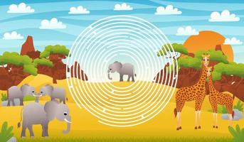 safari woestijn cirkel doolhof voor kinderen met schattig olifant karakters, helpen naar vind Rechtsaf manier, afdrukbare werkblad in tekenfilm stijl voor school, dier dieren in het wild thema vector