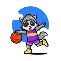 gelukkig schattig wasbeer spelen basketbal vector