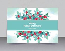 waterverf achtergrond en licht hemelsblauw bladeren met rood bloem bruiloft verjaardag kaart vector