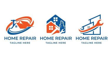 huis reparatie logo bundel. oranje en blauw huis logo met hamer en klusjesman gereedschap vector illustratie.