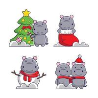 grappig nijlpaard in Kerstmis kostuum en geschenk vector