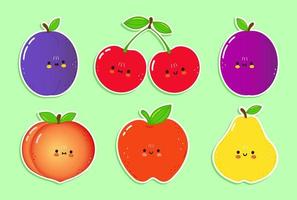 schattig gelukkig fruit pictogrammen set. vector hand- getrokken modieus tekenfilm karakter illustratie. reeks van fruit voor een ansichtkaart, concept van een reeks van etiketten