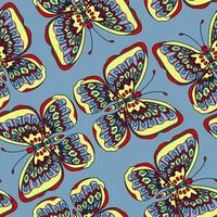 naadloos patroon met hand- getrokken vlinder in zentangle stijl Aan blauw achtergrond. vector