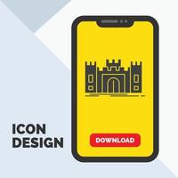 kasteel, verdediging, fort, vesting, mijlpaal glyph icoon in mobiel voor downloaden bladzijde. geel achtergrond vector