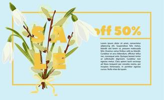 bloemen sneeuwklokjes en kutje wilg hand- getrokken gekleurde kaart. modern typografie met tekst uitverkoop vector