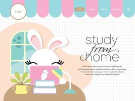 landen bladzijde sjabloon voor afstand Cursus. online onderwijs concept. schattig konijn studie van huis gebruik makend van laptop in haar kamer vector