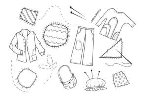herstellen kleding.vector tekening hand- getrokken reeks van naaien kleding lappen. vector