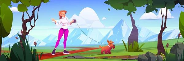vrouw wandelen met hond in natuurlijk park met bergen vector