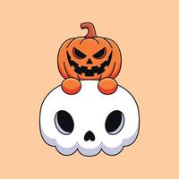 schattig schedel pompoen halloween tekenfilm mascotte tekening kunst hand- getrokken concept vector kawaii icoon illustratie