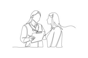 doorlopend een lijn tekening vrouw dokter legt uit medisch Vermelding naar meisje geduldig. dokter en geduldig concept. single lijn trek ontwerp vector grafisch illustratie.