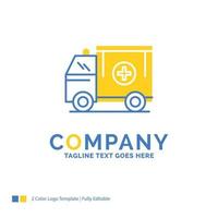 ambulance. vrachtwagen. medisch. helpen. busje blauw geel bedrijf logo sjabloon. creatief ontwerp sjabloon plaats voor slogan. vector