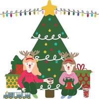 Kerstmis meisje. slingers, vlaggen, etiketten, bubbels, linten en stickers. verzameling van vrolijk Kerstmis decoratief pictogrammen vector