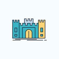 kasteel. verdediging. fort. vesting. mijlpaal vlak icoon. groen en geel teken en symbolen voor website en mobiel toepassing. vector illustratie