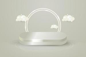 realistisch zilver Product podium tafereel geïsoleerd met neon lichten en 3d wolken achtergrond vector