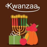 kwanzaa vector vlak illustratie Aan bruin achtergrond met pompoen, appel en geschenkdoos.