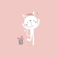 schattig en lief wit kat met vis, gelukkig Valentijnsdag dag, liefde concept, vlak vector illustratie tekenfilm karakter kostuum ontwerp