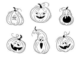 een lijn hand- getrokken halloween emoticon pompoenen set. jack O lantaarn. halloween in divers vormen, grappig gezichten geïsoleerd Aan wit. vector verzameling van schattig pompoenen. doodles voor logo, poster, embleem