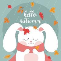 belettering Hallo herfst. ansichtkaart met een schattig konijn. vector