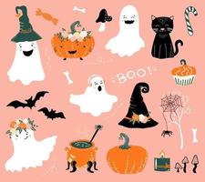 halloween set. schattig geesten, pompoenen, vleermuizen, zwart kat, botten en champignons. vector