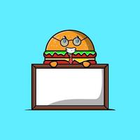 schattig tekenfilm hamburger leraar met groot whiteboard vector