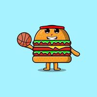 schattig tekenfilm hamburger karakter spelen basketbal vector