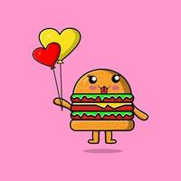 schattig tekenfilm hamburger drijvend met liefde ballon vector