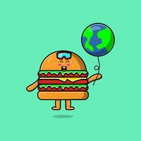 schattig tekenfilm hamburger drijvend met wereld ballon vector