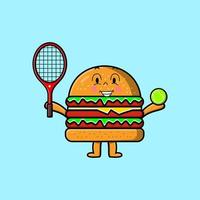 schattig tekenfilm hamburger karakter spelen tennis veld- vector