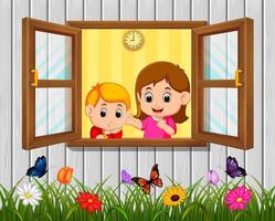 illustratie van een jongen en moeder Bij de venster vector