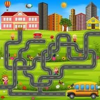 doolhof spel sjabloon met school- bus vector