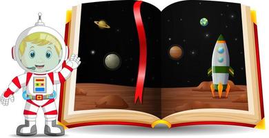 planeet landschap in de boek en kind vervelend een kostuum astronaut vector
