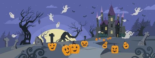 halloween achtergrond vector illustratie. eng landschap met oud kasteel, begraafplaats, spookachtig bomen, geesten en pompoenen.