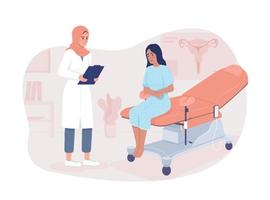 geduldig Bij gynaecoloog afspraak 2d vector geïsoleerd illustratie. gezondheidszorg vlak tekens Aan tekenfilm achtergrond. Dames Gezondheid kleurrijk bewerkbare tafereel voor mobiel, website, presentatie