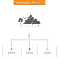 heuvel. landschap. natuur. berg. boom bedrijf stromen tabel ontwerp met 3 stappen. glyph icoon voor presentatie achtergrond sjabloon plaats voor tekst. vector