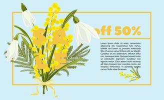 bloemen sneeuwklokjes en mimosa hand- getrokken gekleurde kaart. modern typografie met tekst uitverkoop vector