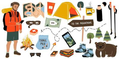 bundel hiking. reeks van items voor camping- tent, thermosfles, eerste steun uitrusting, trekking palen. een vent met rugzak en smartphone. reizen uitrusting vector
