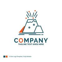 ramp. uitbarsting. vulkaan. alert. veiligheid logo ontwerp. blauw en oranje merk naam ontwerp. plaats voor slogan. bedrijf logo sjabloon. vector