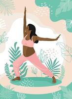 zwanger Afrikaanse Amerikaans vrouw mediteren in natuur. vredig persoon beoefenen yoga, geestelijk meditatie omringd door fabriek bladeren. harmonie en vrede concept. vlak vector illustratie.