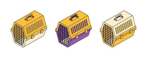 vector reeks van 3d huisdier vervoerder pictogrammen. verzameling van voorwerpen voor draag- honden, katten, konijnen en andere dieren