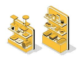 vector isometrische illustratie, huisdier op te slaan vitrine met goederen. verzameling van 3d voorwerpen Aan de thema van dier zorg. huisdier vervoerder, krabben na, voedsel voor katten en honden, kommen en andere accessoires